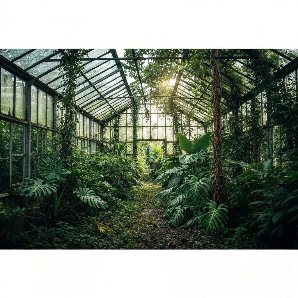 Overgrown abandoned greenhouse